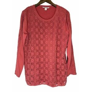 Coldwater Creek Crochet Detail 3/4 Sleeve Tunic Tee Top size Medium Coral Cotton